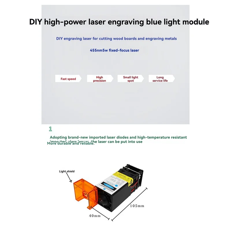 ABLK Enfoque fijo 5W 450Nm-455Nm Módulo de corte láser Grabado 12V Modulación PWM Tablero de madera de 5 mm