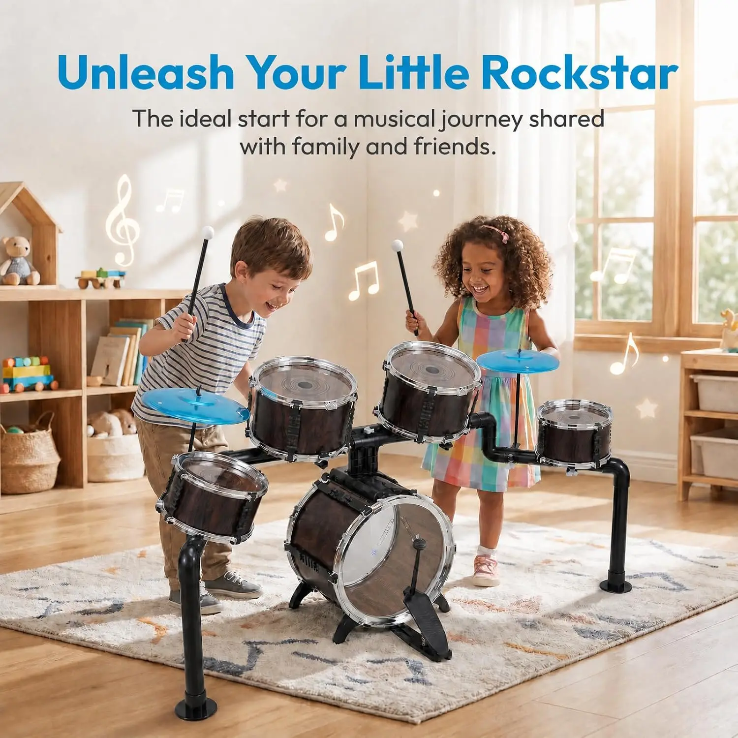 Toddler 5-Piece Jazz Drum Kit for Ages 3+, Kids Drum Set with Wooden Texture, Stool, 2 Cymbals & Adjustable Stands, Educational Musical Instrument Toy, Birthday Gift for Boys & Girls 3 4 5 6