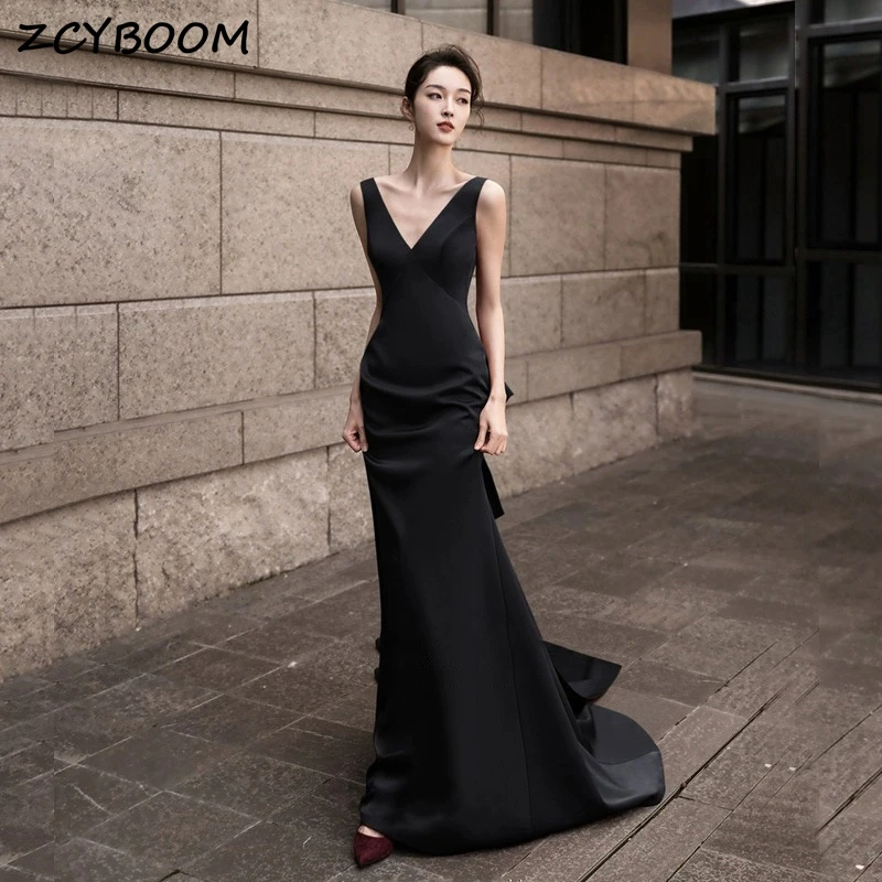 

Elegant V-Neck Satin Sleeveless Simple Mermaid Formal Evening Dresses With Big Bow 2024 Sweep Train Prom Dresses Party Dresses