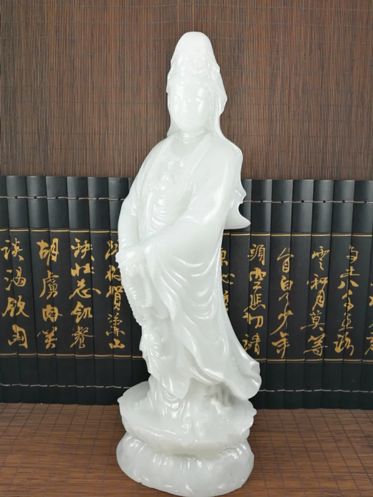 Natural White Jade Guanyin Buddha Statue - Hand-carved Avalokitesvara Ornament, Chinese  Style Tabletop Decor