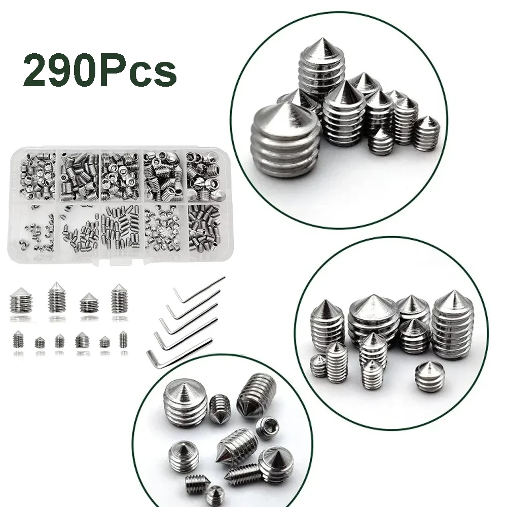 290Pcs Stainless Steel Allen Metric Threads Hexagon Socket Screw with Wrench M3 M4 M5 M6 M8 Cone Point Grub Screws Assorted