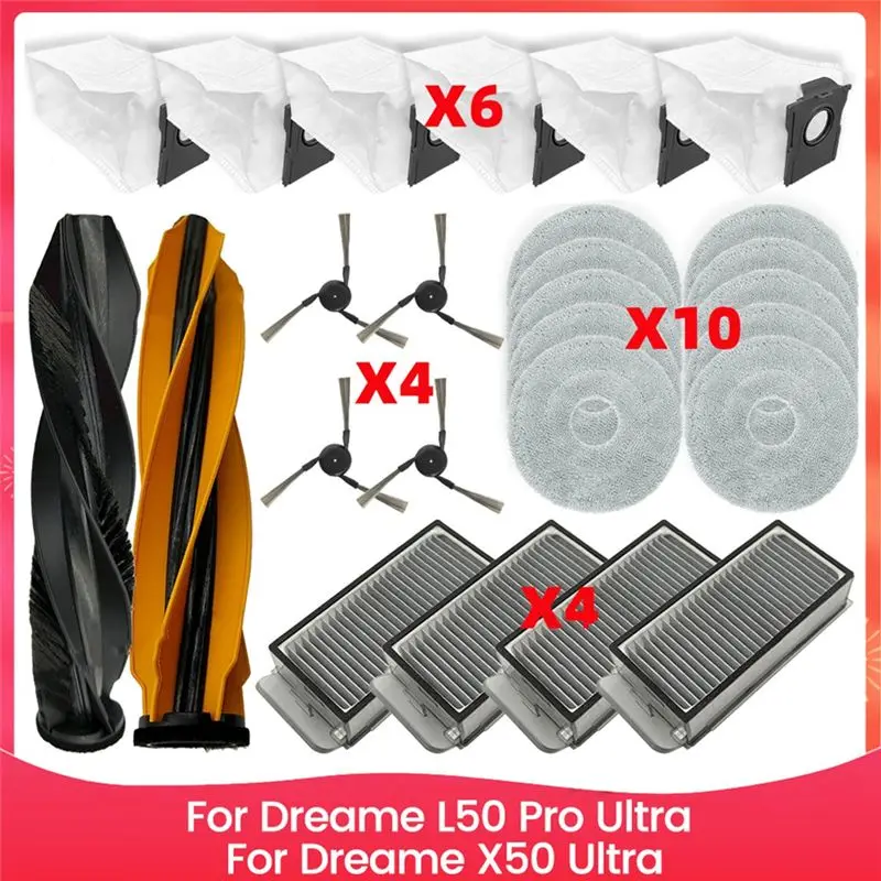 

Запчасти для пылесосов Dreame L50 Pro Ultra / Dreame X50 Ultra: основная щетка, боковая щетка, HEPA-фильтр, салфетка для влажной уборки, мешок для сбора пыли.