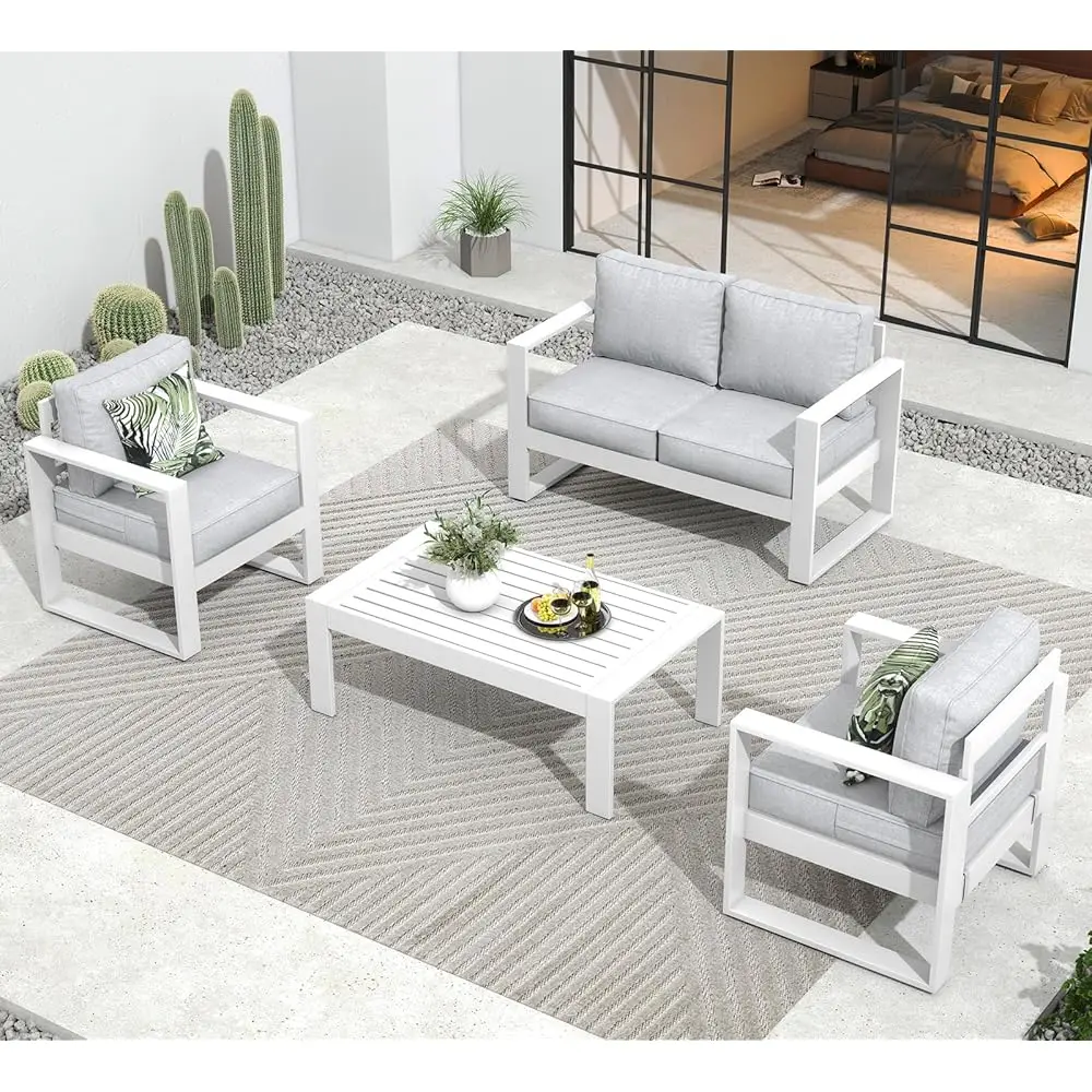 

Outdoor Aluminum Furniture Set - 4 Pieces Modern Patio Conversation Sets Metal Sectional Sofa With Coffee Table