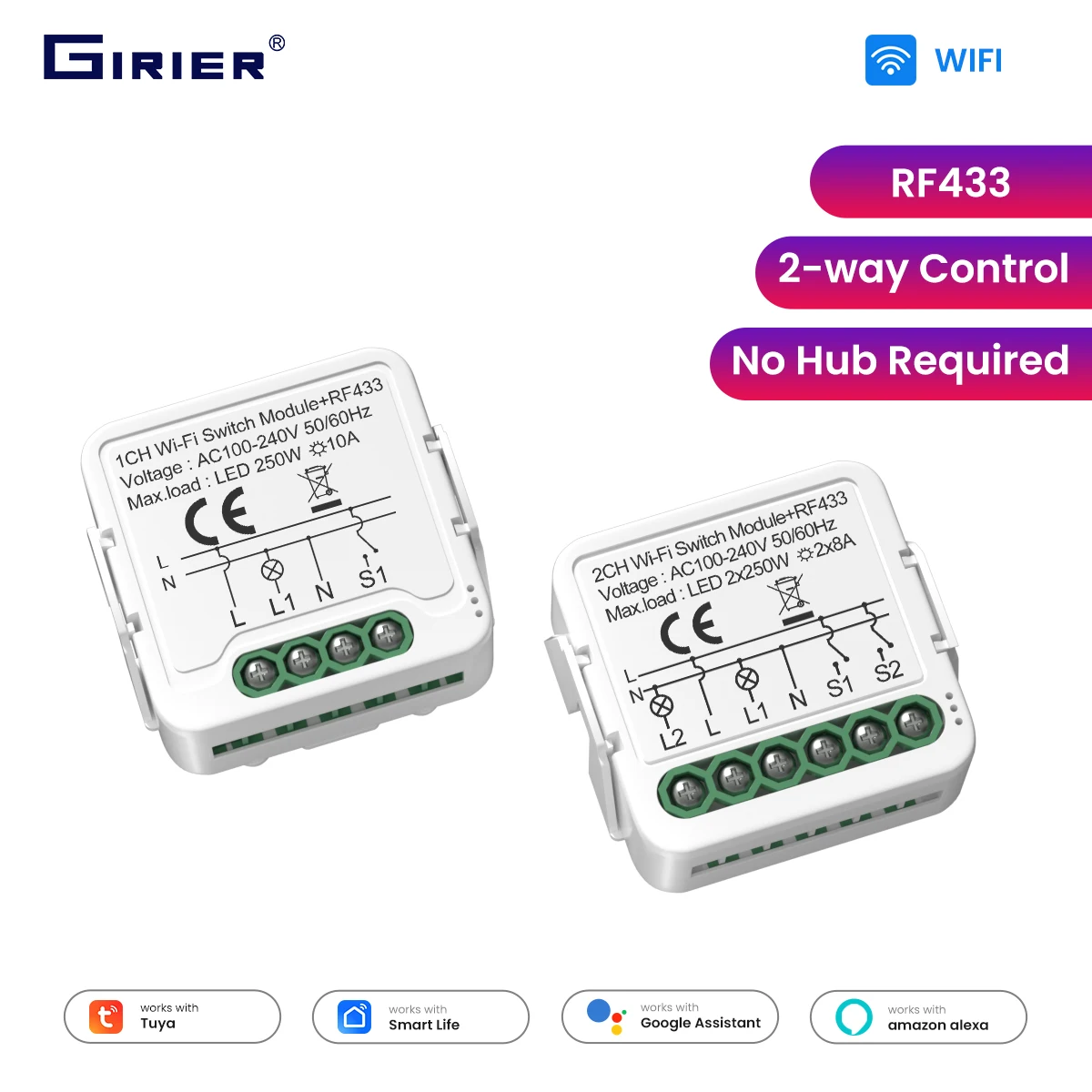 GIRIER Tuya Smart WiFi Switch Module RF433 DIY Breaker Relay Neutral Wire Required Supports 2-way Control Works Alexa Hey Google