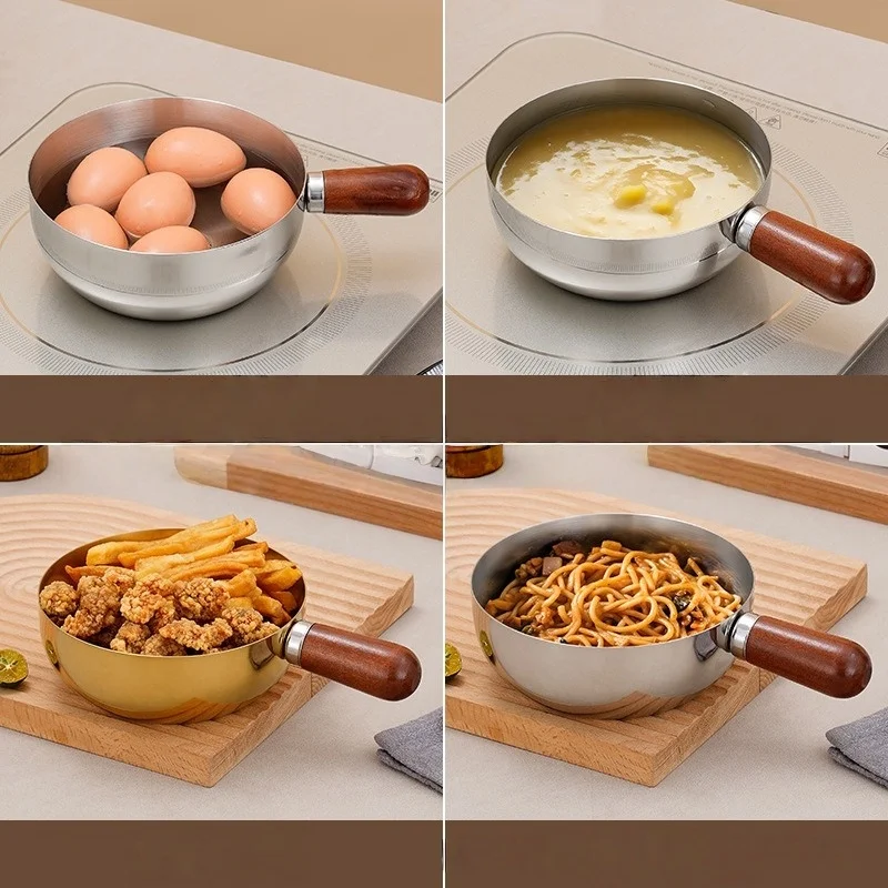 JUSTINLAU 14/16cm Instant Noodles Pot Stainless Steel Small Soup/Milk Pot with Walnut Handle Home Snack Pan Oil-spreading Pots