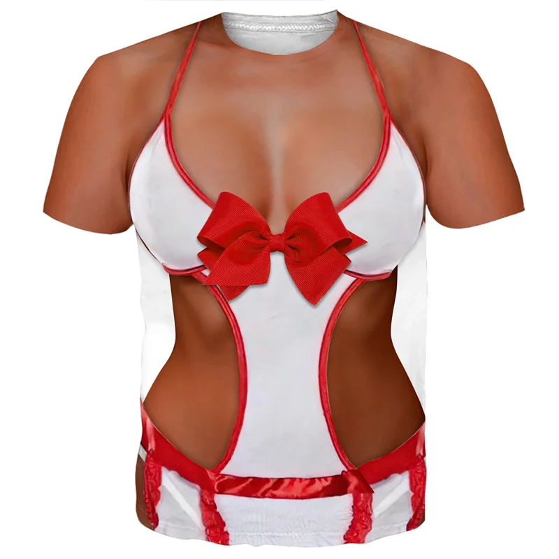 Fun bikini printed T-shirt, men's short sleeved fake abs printed T-shirt, women's role-playing game clothing