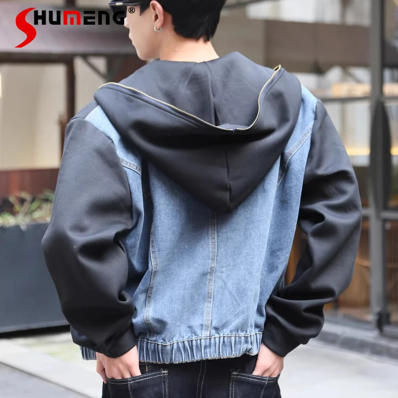 

Модные джинсовые куртки с элементами пэчворка для мужчин и женщин, весна 2026, худи с капюшоном, уличный стиль, трендовые куртки с длинными рукавами