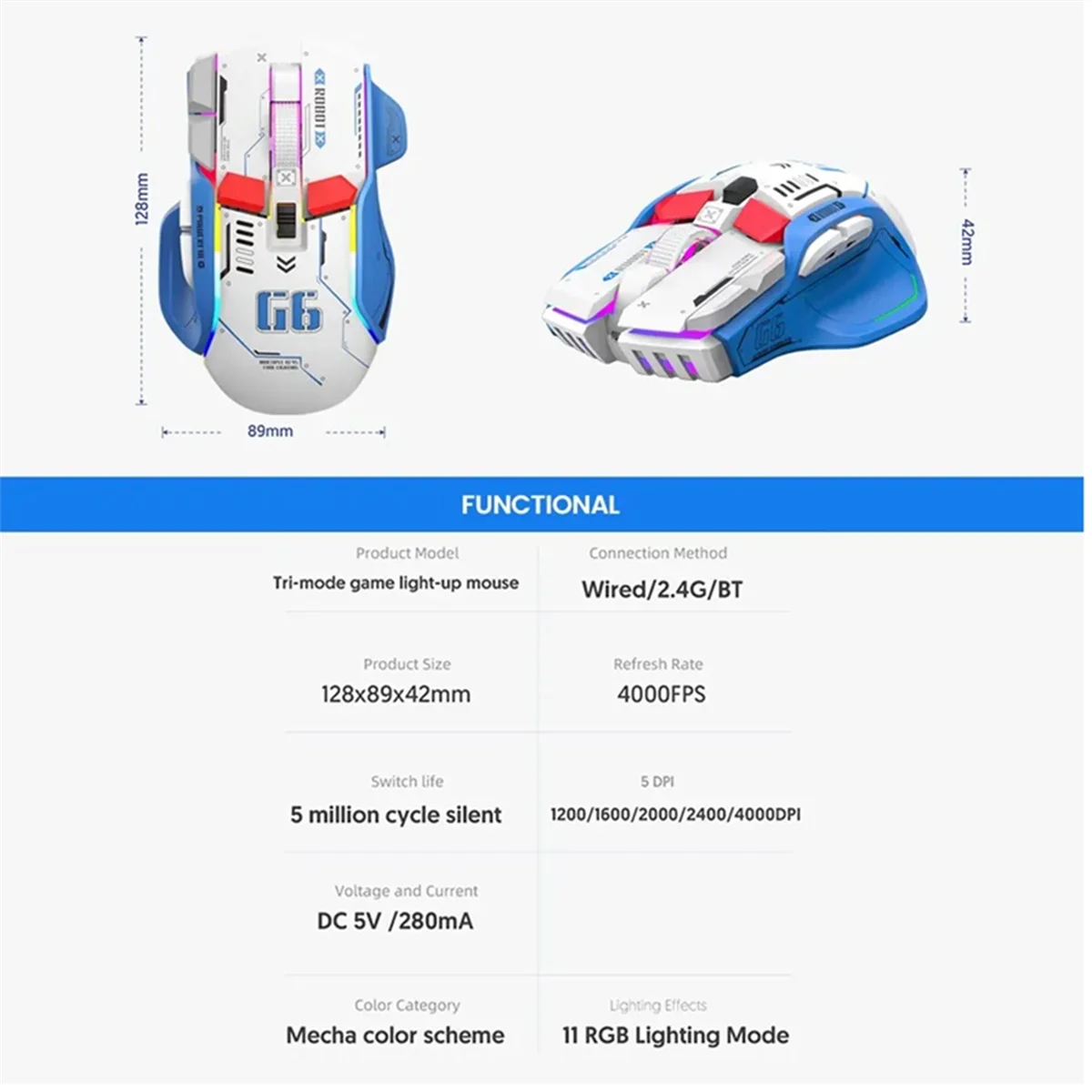 ワイヤレスG6ゲーミングマウス,3つのモード,4000 dpi,11 rgb,充電式,サイレント,マウス,白