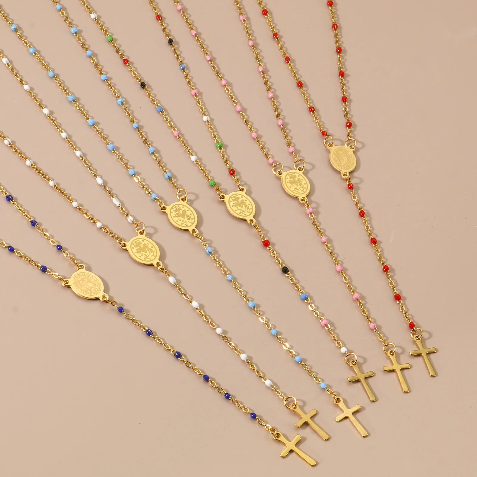 1pc New Stainless Steel Necklace Religious Link Cable Chain Gold Color with Cross Virgin Mary Enamel Pendant Necklace 49cm Long