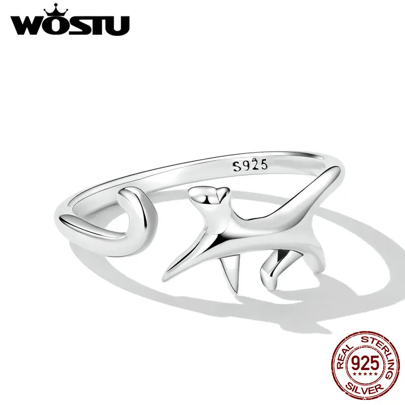 WOSTU 100% 925 Sterling Silver Simple Funny Cat Open Ring Trendy Animal Pet Silver Ring For Women Fine All-match Jewelry Gifts