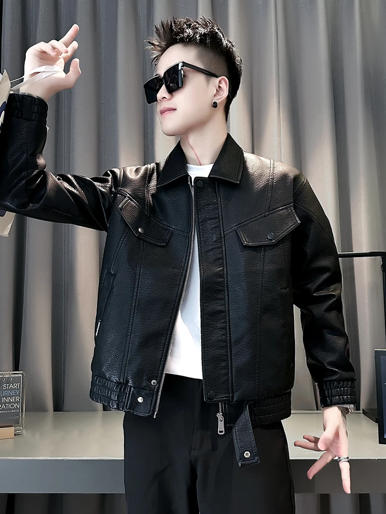 

Men's Faionable PU Leather Jaet Winter Warm Workwear Sle Rider Cold Proof Coat New 2025 Stand Fit Long Sve Zipper