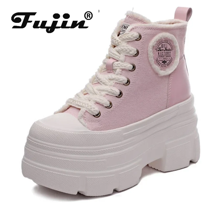 Fujin 10cm High Brand Skateboard Breathable Shoes Denim Women Fashion Spring Ankle Boot High Brand Platform Wedge Autumn Fashion