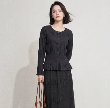 

Miyake Pleated Women's Casual Tops with Ruffled Round Neck Long Sleeves Single-breasted Cardigan for Women