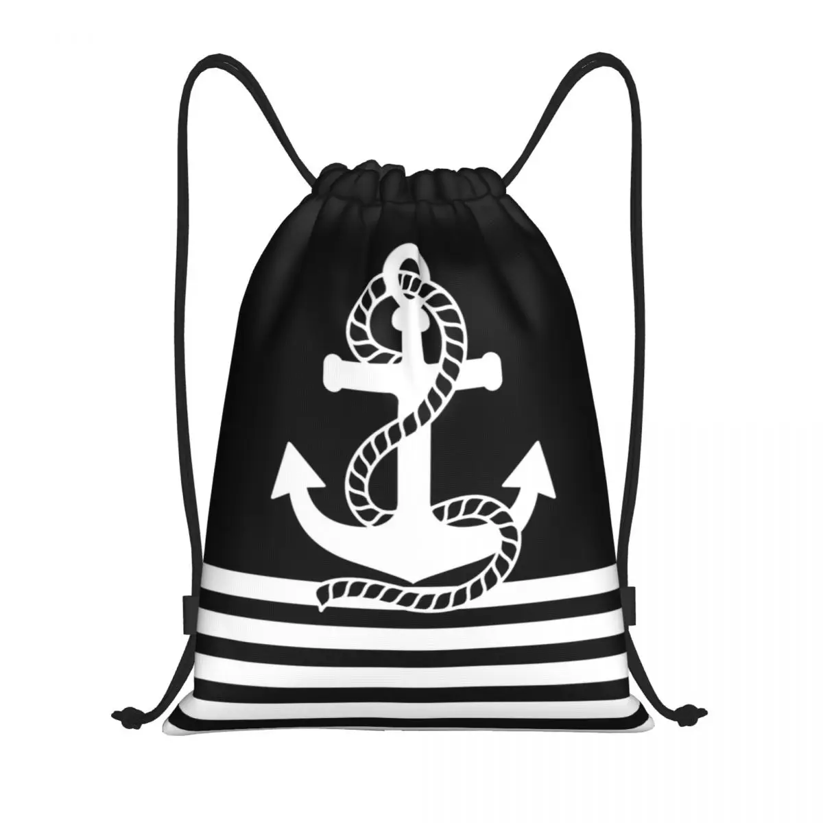 Custom Black White Nautical Stripes And Anchor Drawstring Backpack Sport Gym Sackpack Portable Sailing Sailor Shopping Bag Sack