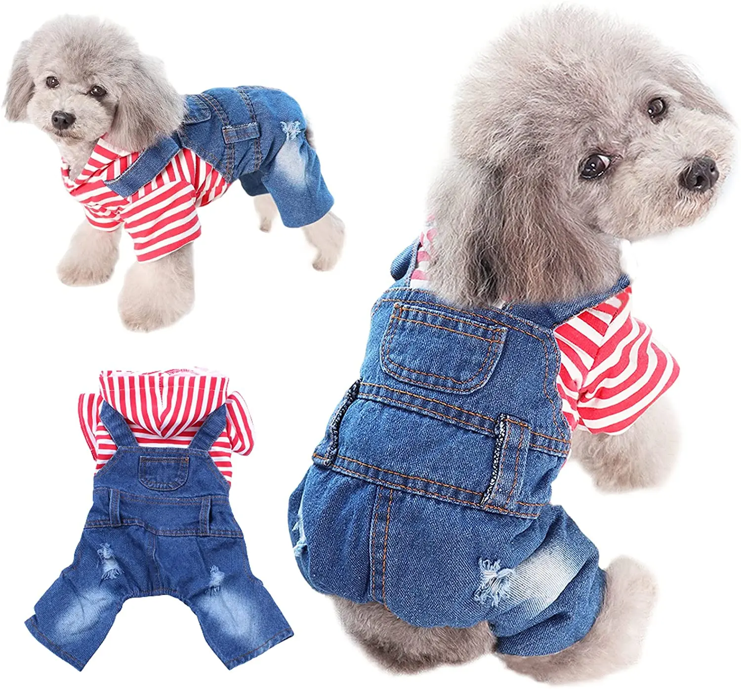 Dog Denim Jumpsuits Striped Plaid Puppy Cat Hoodie Overalls Yorkie French Bulldog Clothes Jean Jacket Pet Outfits for Small Dogs