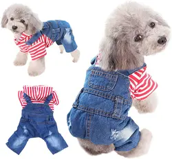 Dog Denim Jumpsuits Striped Plaid Puppy Cat Hoodie Overalls Yorkie French Bulldog Clothes Jean Jacket Pet Outfits for Small Dogs