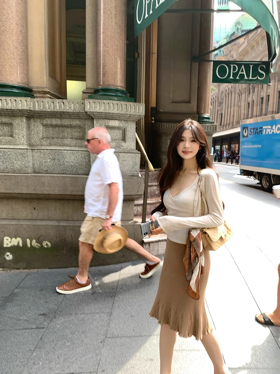 

CloudSweet mat Smart Faion Knitted Set Tee Pieces Match All V-Ne Open Cardigan Long Sve Spring Workwear