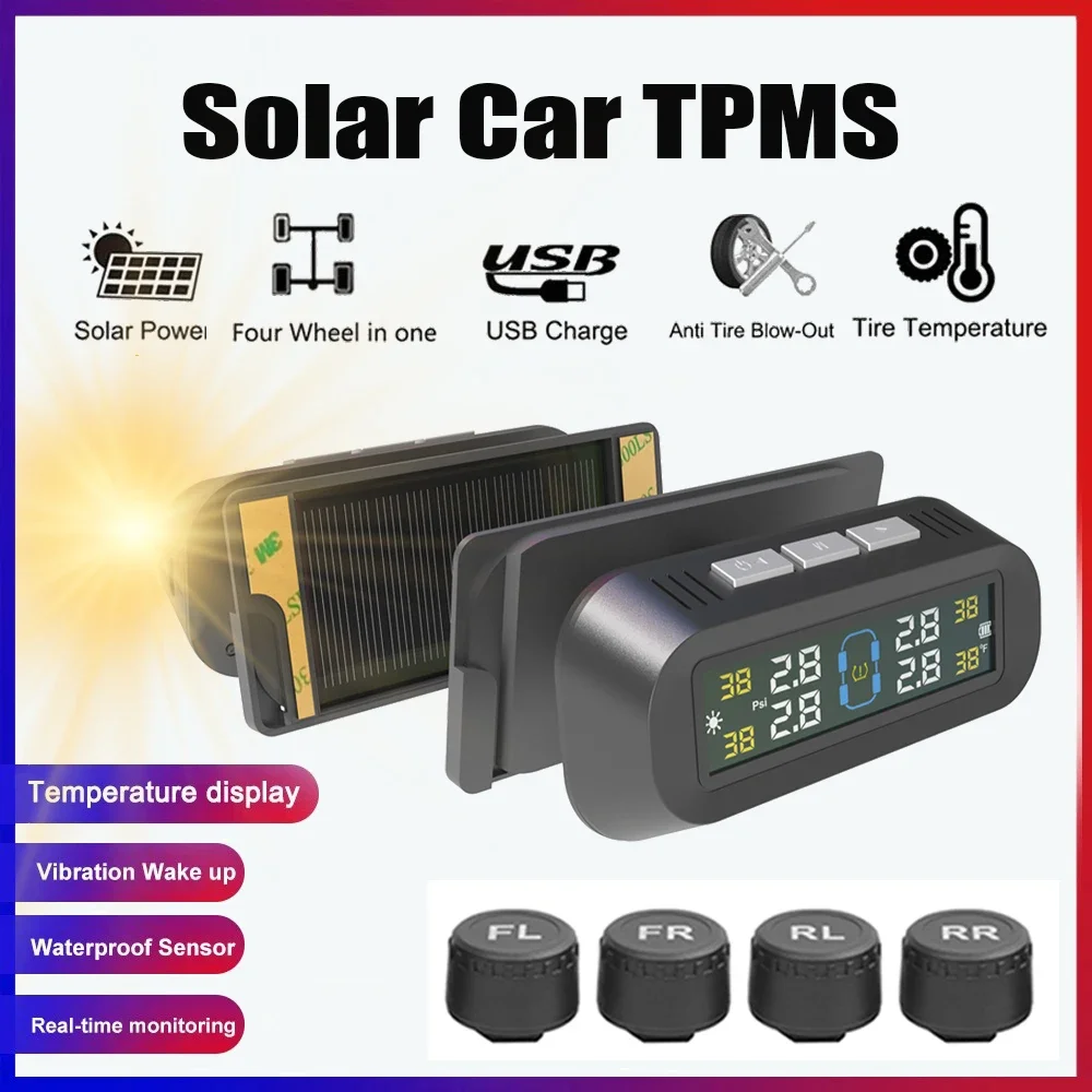 Tire Pressure Monitoring System Temperature Warning Leakage With 4 External Sensors Solar TPMS Car Tyre Pressure Monitor