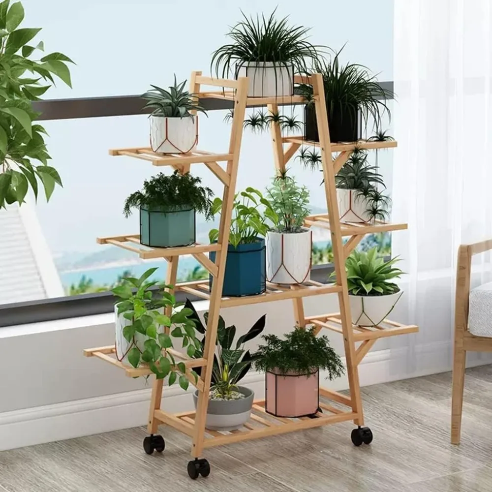 Bamboo Rolling Plant Stand Rack Multiple Flower Pot Holder Shelf Indoor Outdoor Planter Display Shelving Unit(Size : 8 Tier)