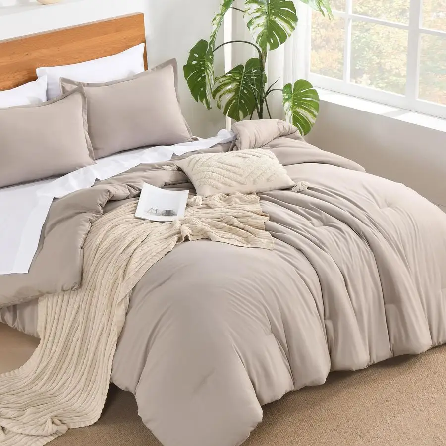 

King Size Comforter Set 7 Pieces Bed in a Bag King Bedding Comforter Sets Oatmeal, Winter Solid Soft Lightweight Comforter with