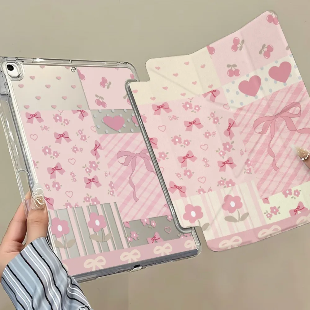 Y-Fold Edge High Clarity Tablet Case for Apple iPad Pro 11 2021/2022 Mini 6 8.3 Inches Aesthetic Cute Pink Patchwork Bow Cherry