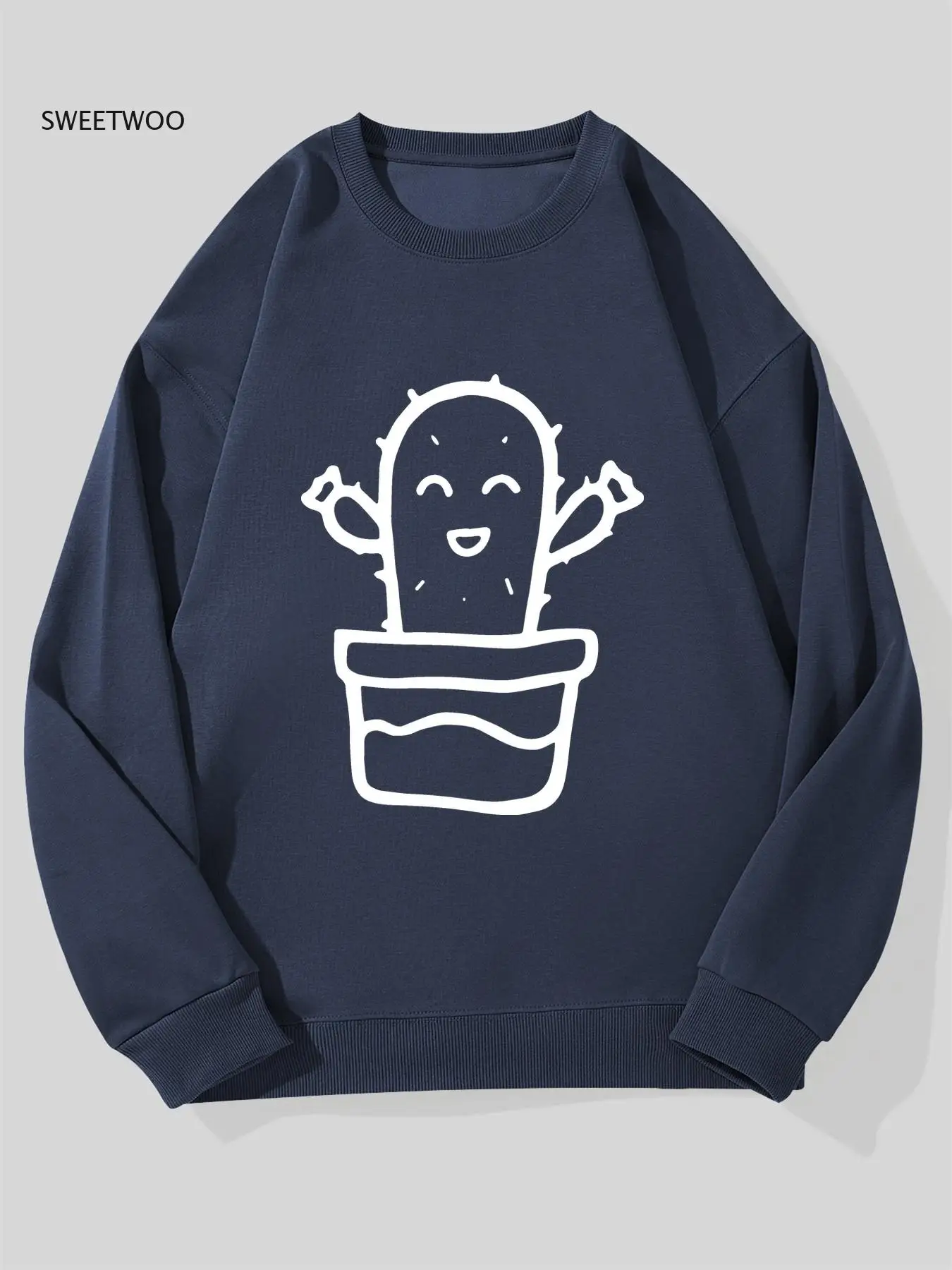 

Men's Casual Crew Neck Sweatshirt with Cactus Graphic - Loose Fit, Long Sleeve, Solid Color, Comfortable Pullover for Casual
