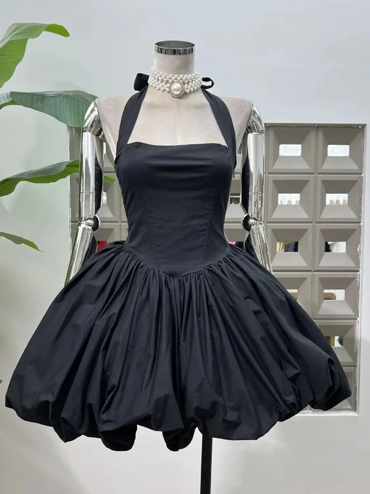 Sexy Solid Sleeveless Backless Halter Short Flower Bud Dress Fashion  A-line  Summer Evening Party Lolita Gowns Vestidos