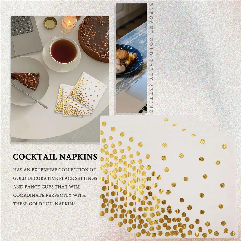 A83X-Gold Dot Cocktail Napkins (50 Pack)3-Ply Paper Napkins With Gold Foil Polka Dots Perfect For Birthday Party, Baby Shower, B