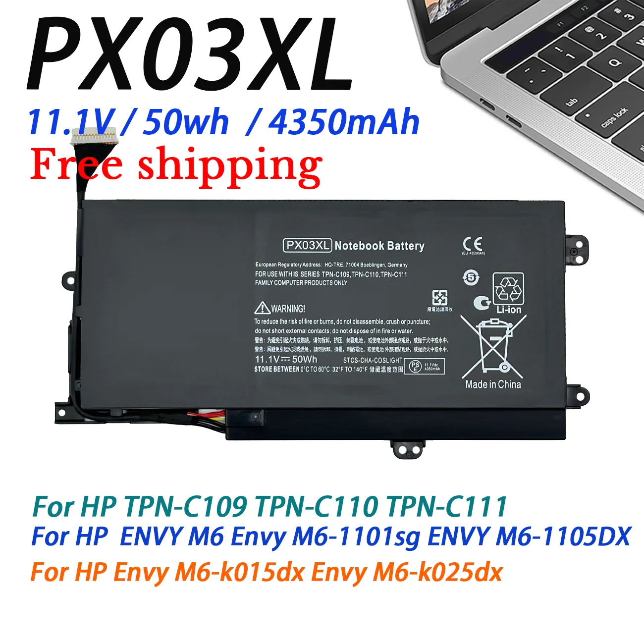 New PX03XL Laptop Battery For HP Envy M6 M6-1101sg M6-1105DX M6-1188CA M6-K M6-N010DX M6-k025dx TPN-C109 C110 C111 HSTNN-IB4P