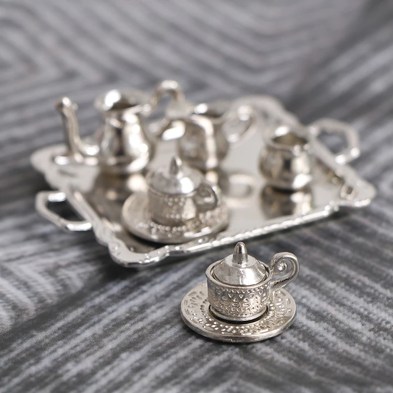 New·10pcs 1/12 Dollhouse Miniature Silver Metal Tea Coffee Tray Tableware Set