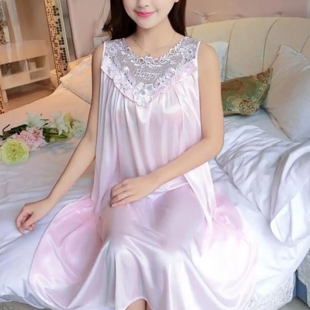 

Женская атласная ночная рубашка из искусственного шелка, женская ночная рубашка без рукавов с кружевной строчкой и v-образным вырезом, сексуальная женская одежда для сна из искусственного шелка для женщин