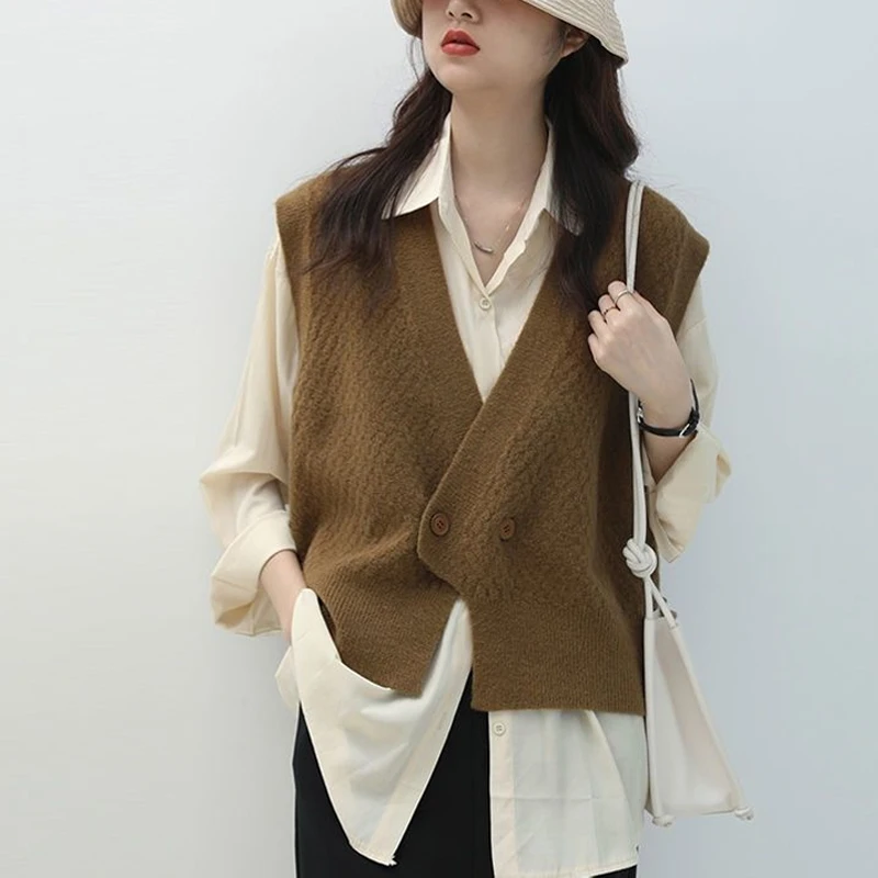 

Spring Autumn New Sweater Knitted Cardigan Solid Color V Neck Sleeveless Loose All-match Vest Sweet Korean Fashion Women Clothes