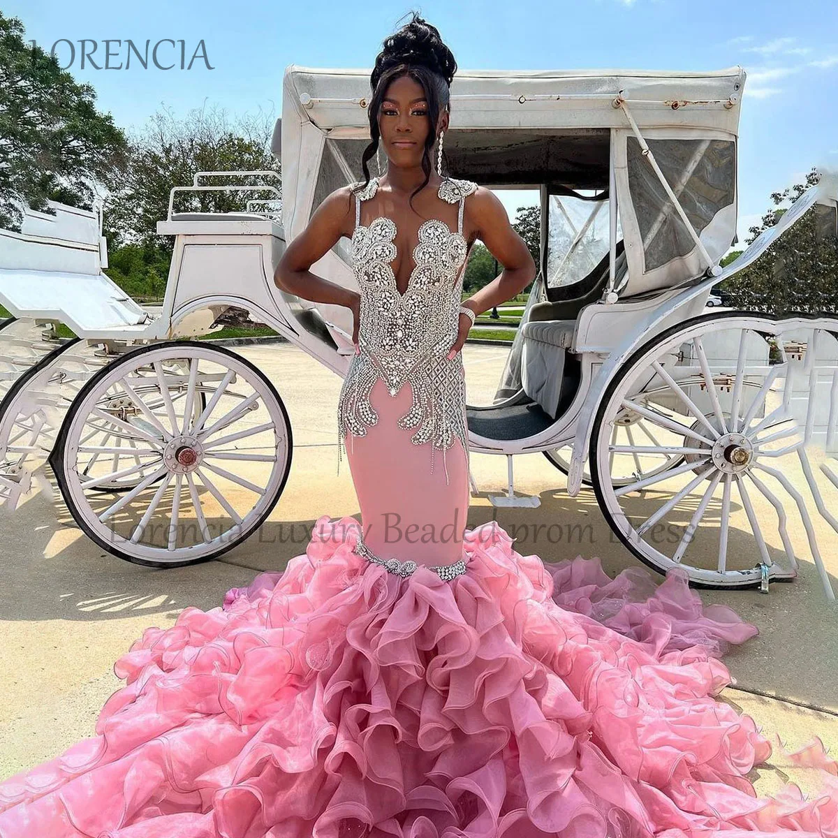 

Sparkly Pink Beaded Prom Dress For Black Girl Crystals Ruffles Open Back Long Mermaid Evening Party Dresses robe chic soirée