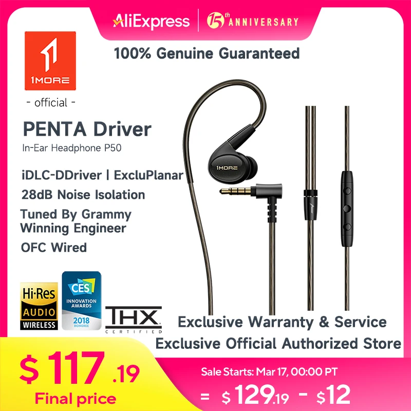 1MORE Penta Driver P50 Wired Headphones In-Line Controls With Mic OFC Wire IEM In-Ear Headsets HI-RES Noise Cancellation