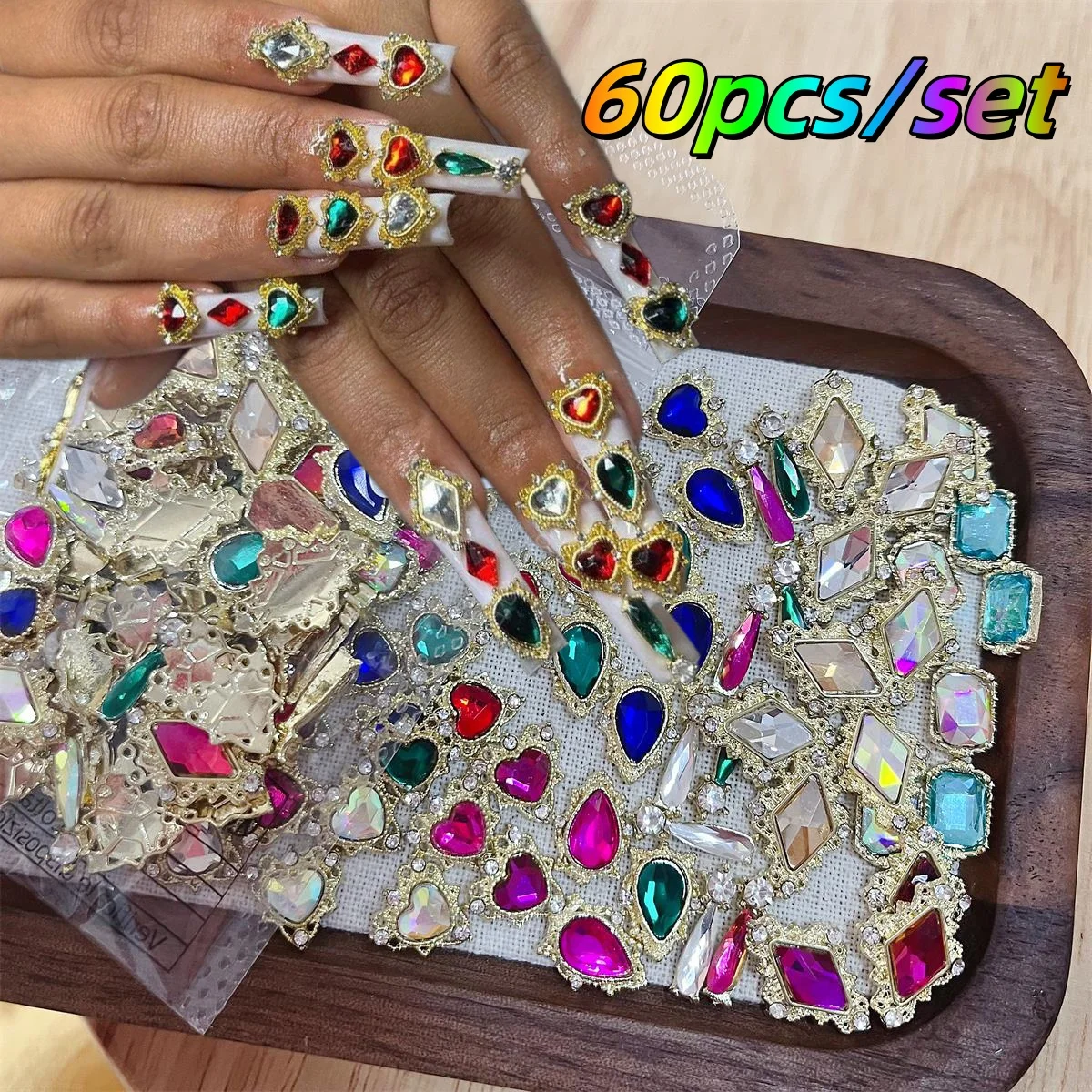 60pcs Luxury Rhombic & Heart-Shaped Nail Rhinestones with Golden-Tone Bezel Teardrop Sparkling Gems for Hand DIY Craft Supplies*