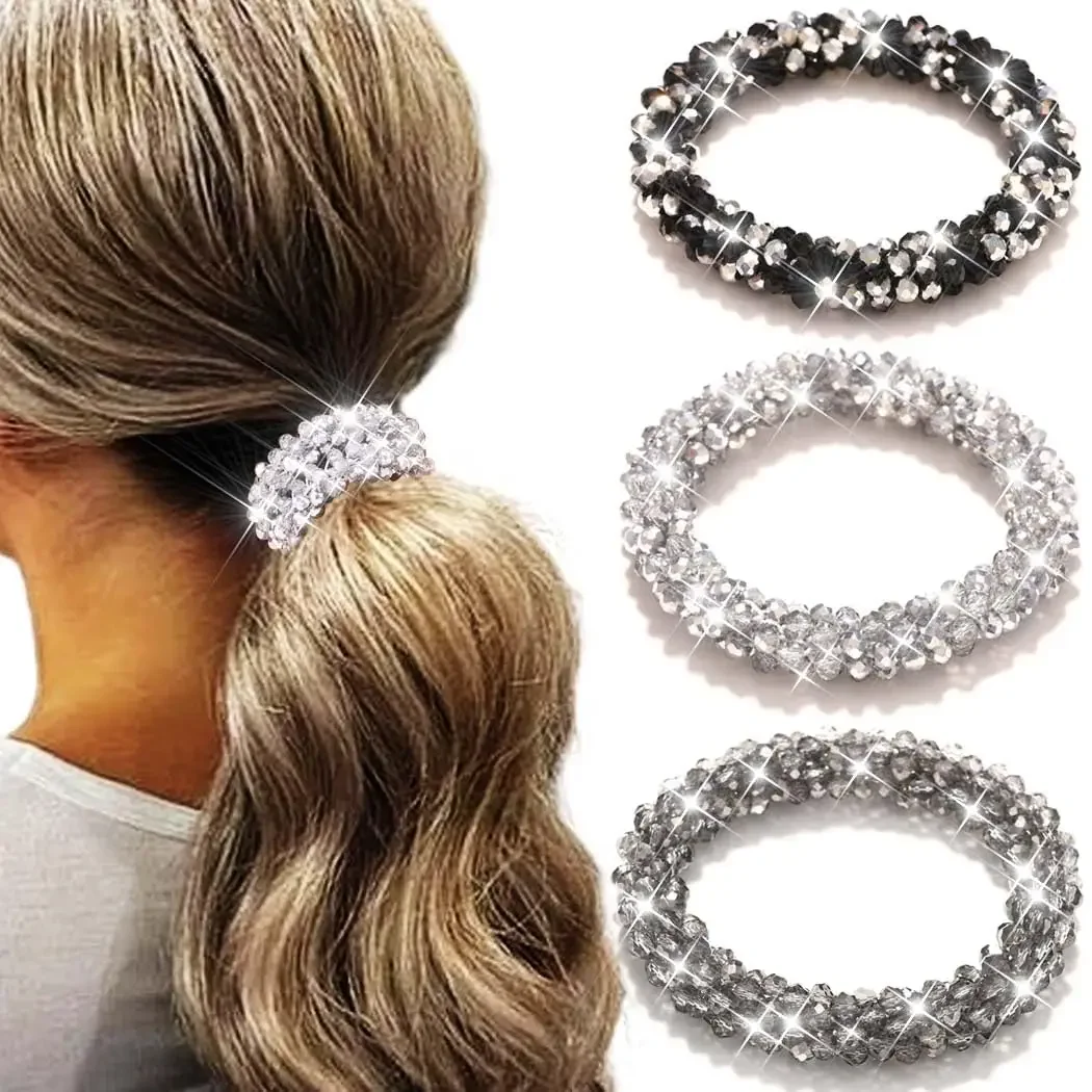 

Rhinestone Hair Ties Silver Elastic Ponytail Holders 3 Pcs Crystal Hair Scrunchies Hair Accessories for Women