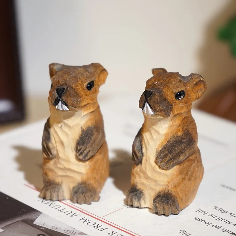 1 PC Groundhog Hand Carved Wooden Sculpture Lovely Animal Figurines Ornament Office Computer Desk TV Bookcase Decoration Crafts