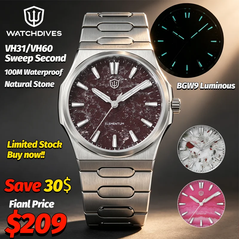 WD0016 39Mm Men Watch Natural Stone Dial VH31 BGW9 Luminous 100ATM Waterproof Vintage Business Wristwatch Luxury Quartz Watches