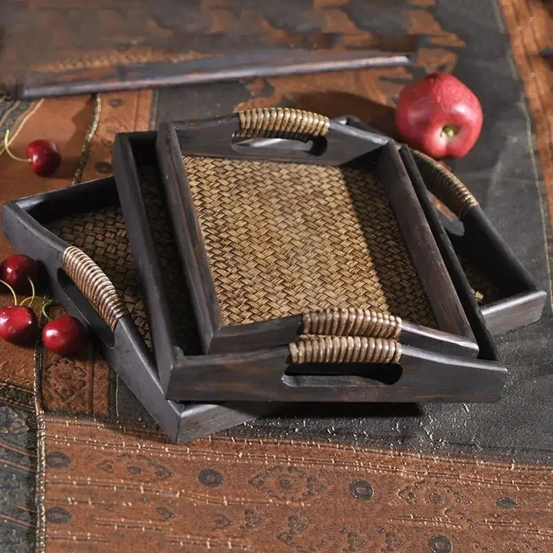 Southeast Asian Wooden Storage Tray - Handicraft Rattan Tea Tray for Water Cups and Tea Cups