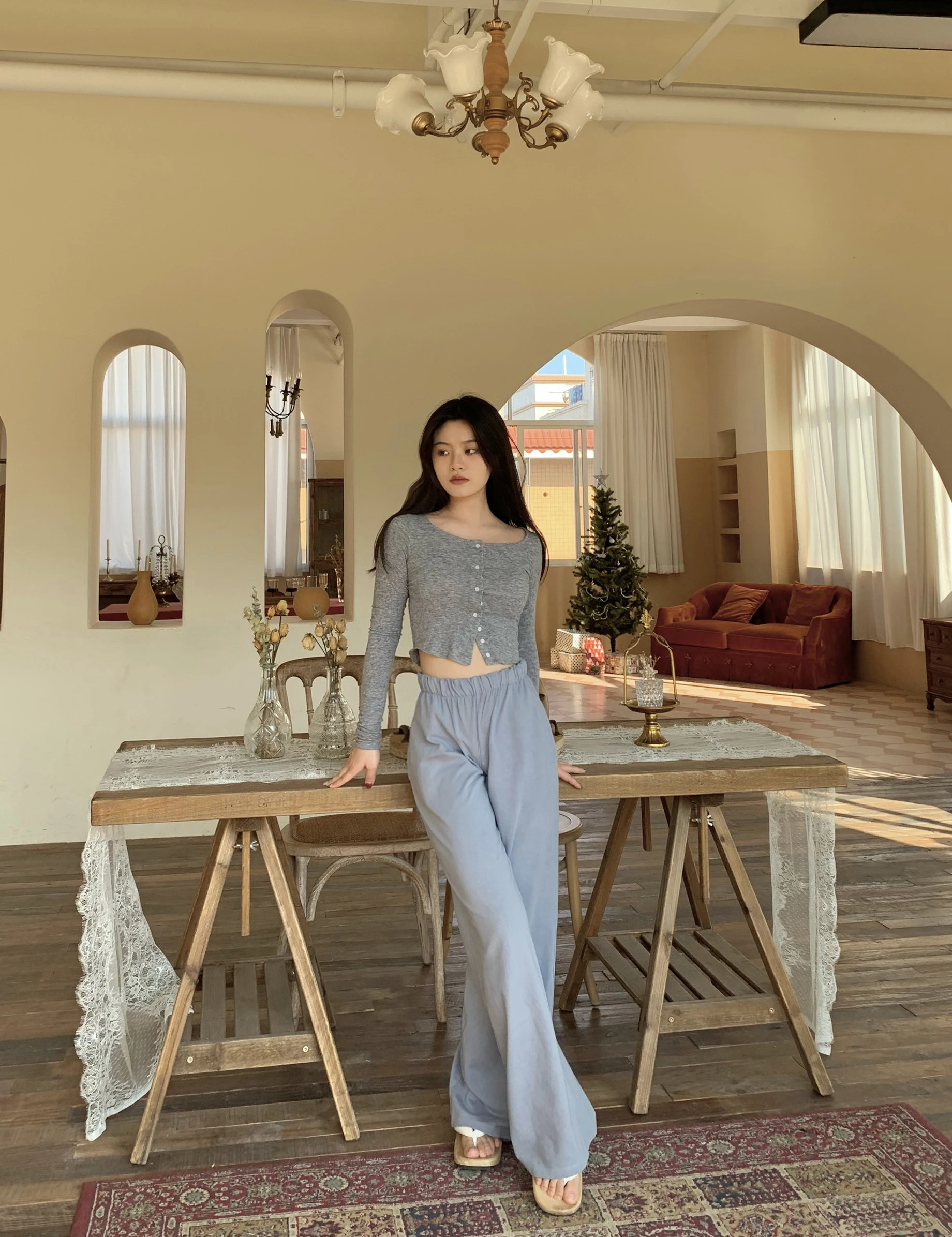 

Женские спортивные брюки Le с высокой талией и широкими штанинами, из чистого хлопка, синие, утягивающие, для весны, лета и осени, модные