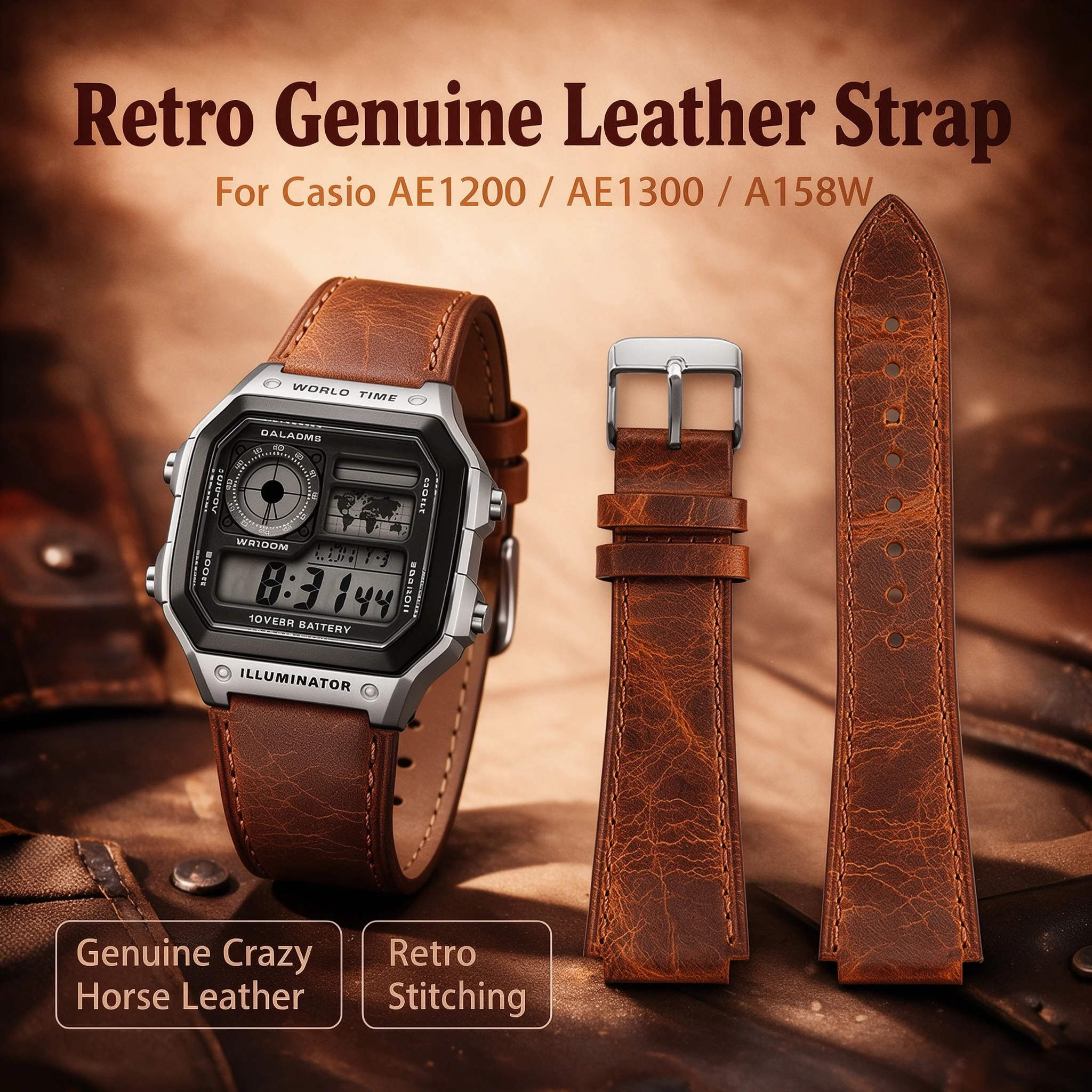 Retro Genuine Leather Strap For Casio AE-1200 /1300 A158W A159 A168 W-216h AE1200 Convex Mouth Vintage Watch Band Bracelet 18mm view 2