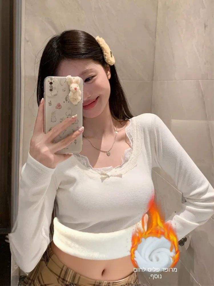 

Thickened Lace Long Sleeve Women's Thermal Top plus Size Fleece Lined Slim Fit Warm Base Layer Shirt Daily Wear Underwear