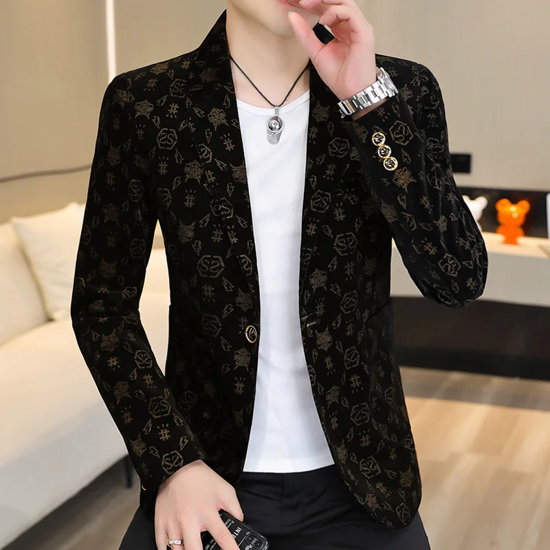 Blazer New Men\'s Fashion Corduroy Business Gentleman Slim Letter English Style Outdoor Performance Wedding Banquet Casual Blazer