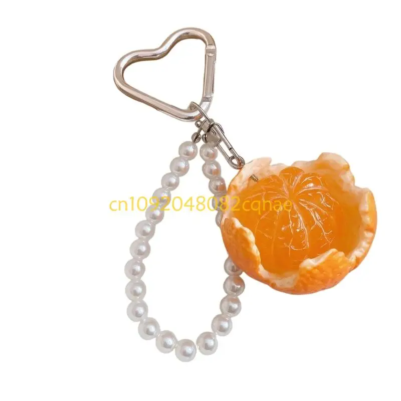 Citrus Charm Keyring with Heart Clasp and Beaded Loop, Resin Pendant Accessory for Keychain Carry, Bag, Purse Decoration
