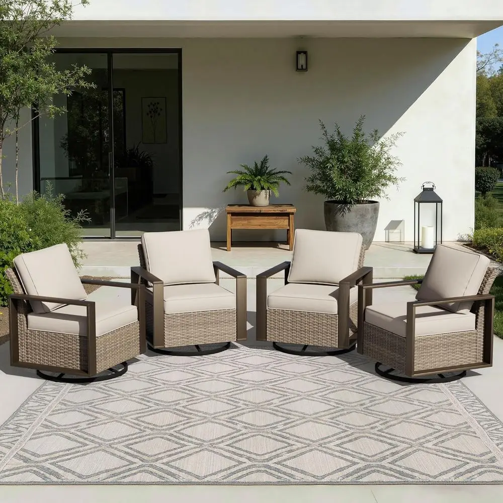 

4-Piece Outdoor Wicker Swivel Rocker Chair Set with Metal Armrests, Plush Cushions for Patio, Garden, Deck