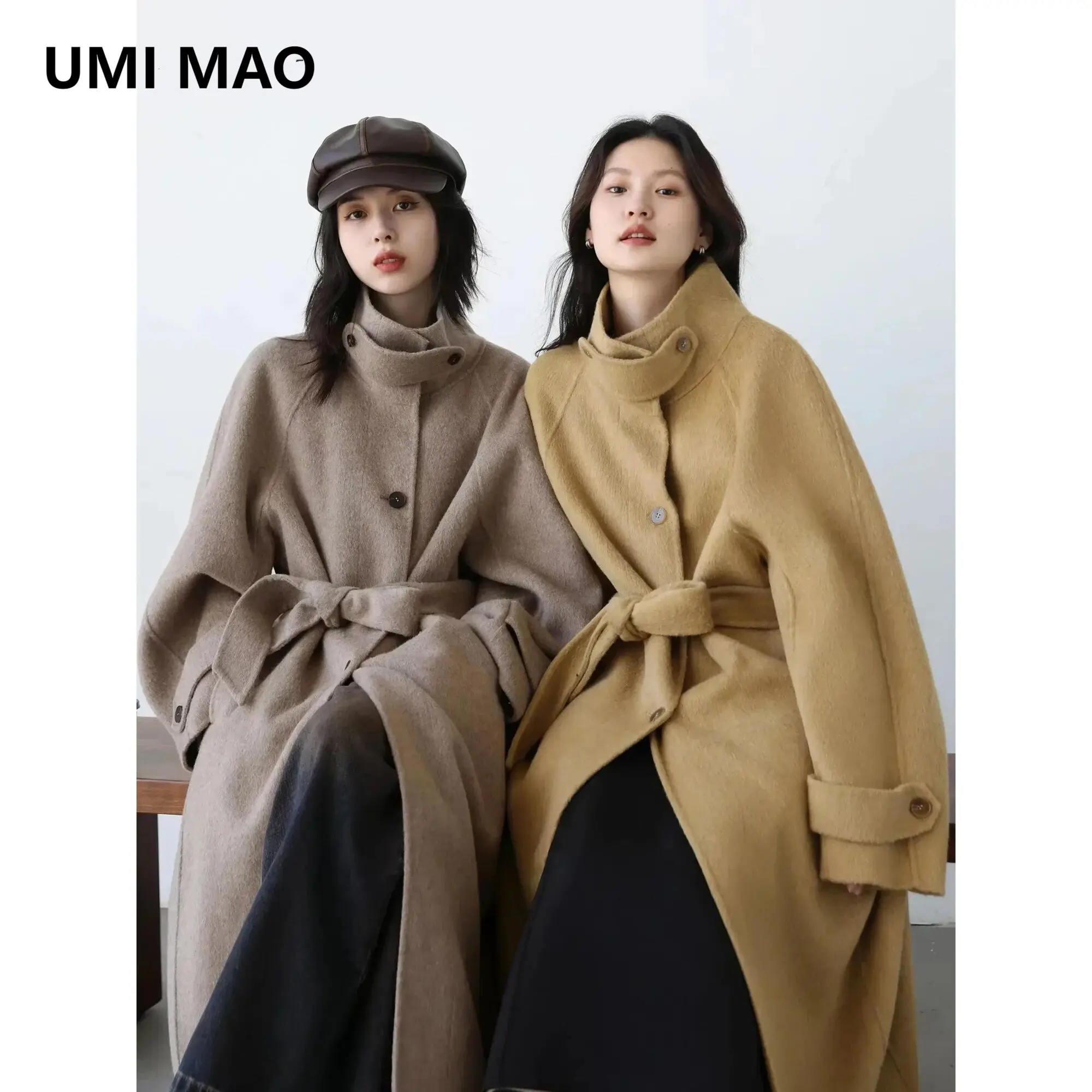 

UMI MAO Korean Women Woolen Coat Single Breasted Loose Stand Collar Belt Long Double-sided Ladies Overcoat Autumn Winter