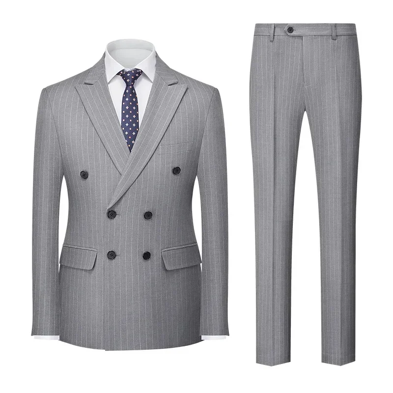 Men's Set Slim Fit 2-piece Set Double Breasted Striped Party Dress Gentleman Formal Wedding Fashion Versatile Pants