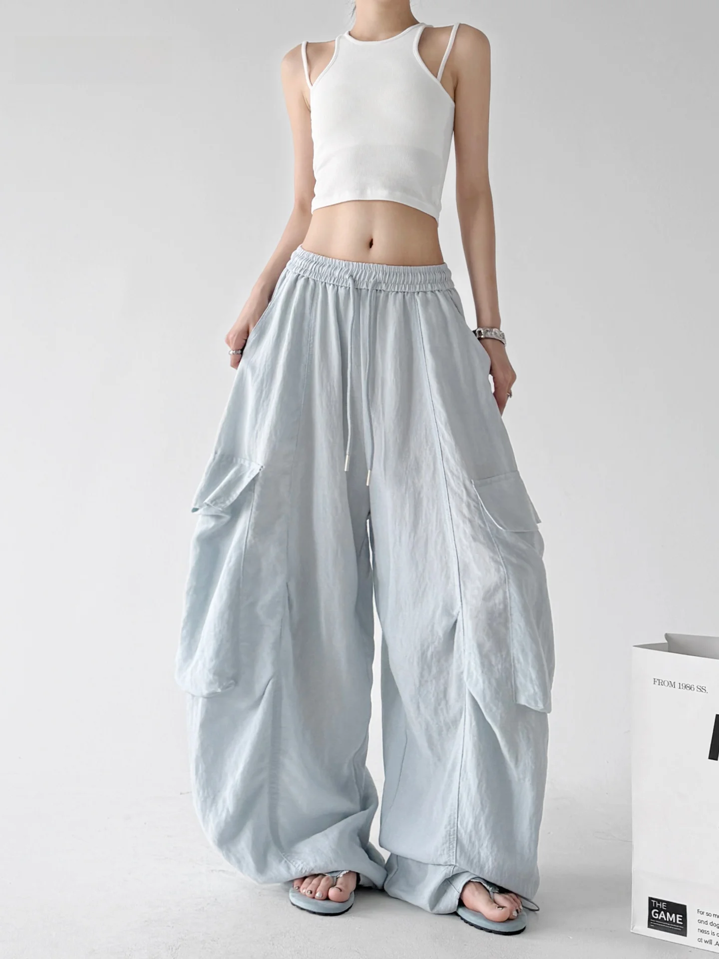 Summer 2026 Women's Wide Leg Workwear Pants Thin Climbing Loose Multi Pocket Casual Trousers Elastic Waist Commute Style