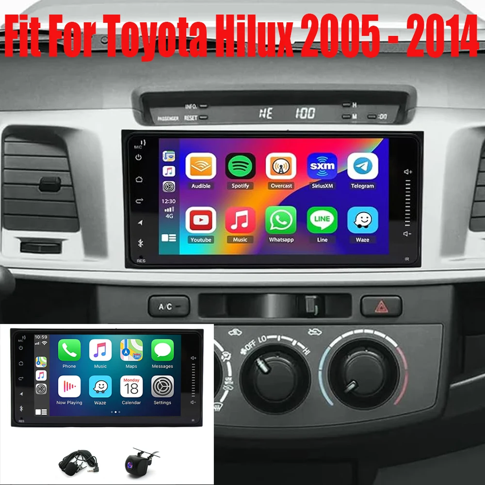 راديو السيارة لتويوتا هايلكس 2005 - 2014 لاسلكي لسيارة Carplay وAndroid Auto، 7 بوصة IPS شاشة تعمل باللمس واي فاي كاميرا احتياطية SWC-2 + 32G