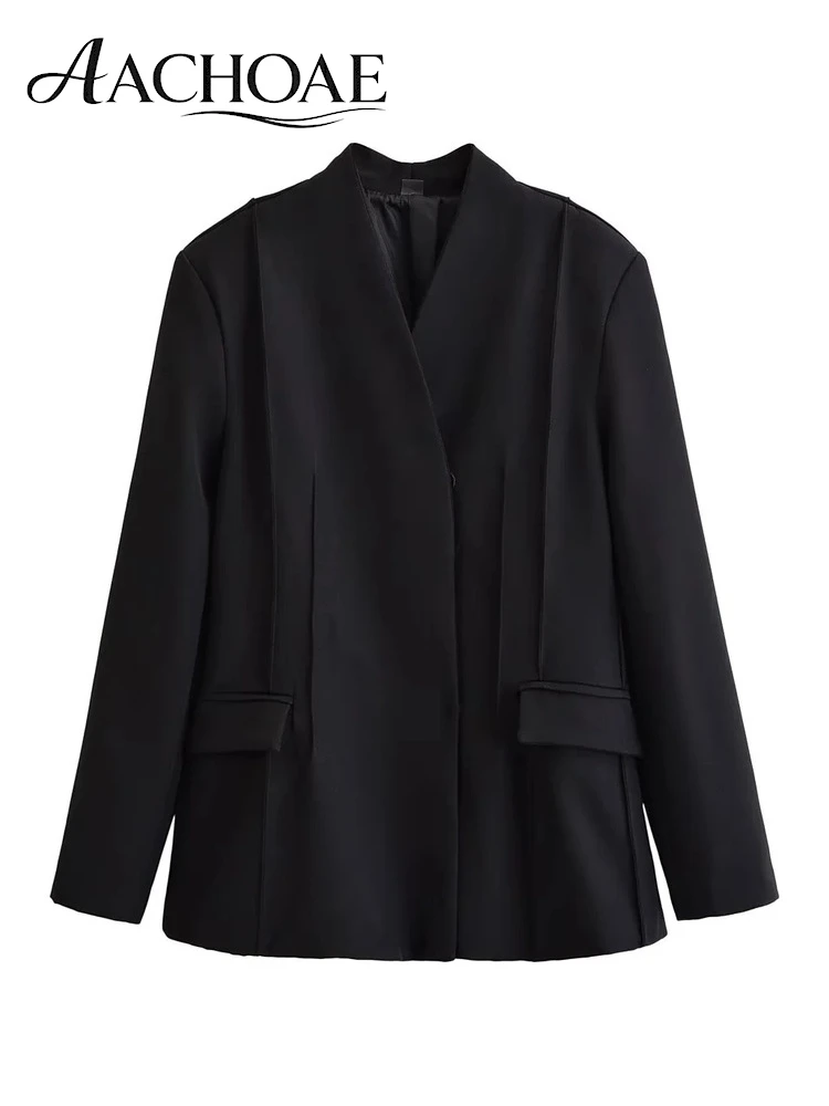 AACHOAE Women Collarless Blazer Single Breasted Jacket Structured Minimalist Office Casual Elegant Suit Coat Autumn Outerwear